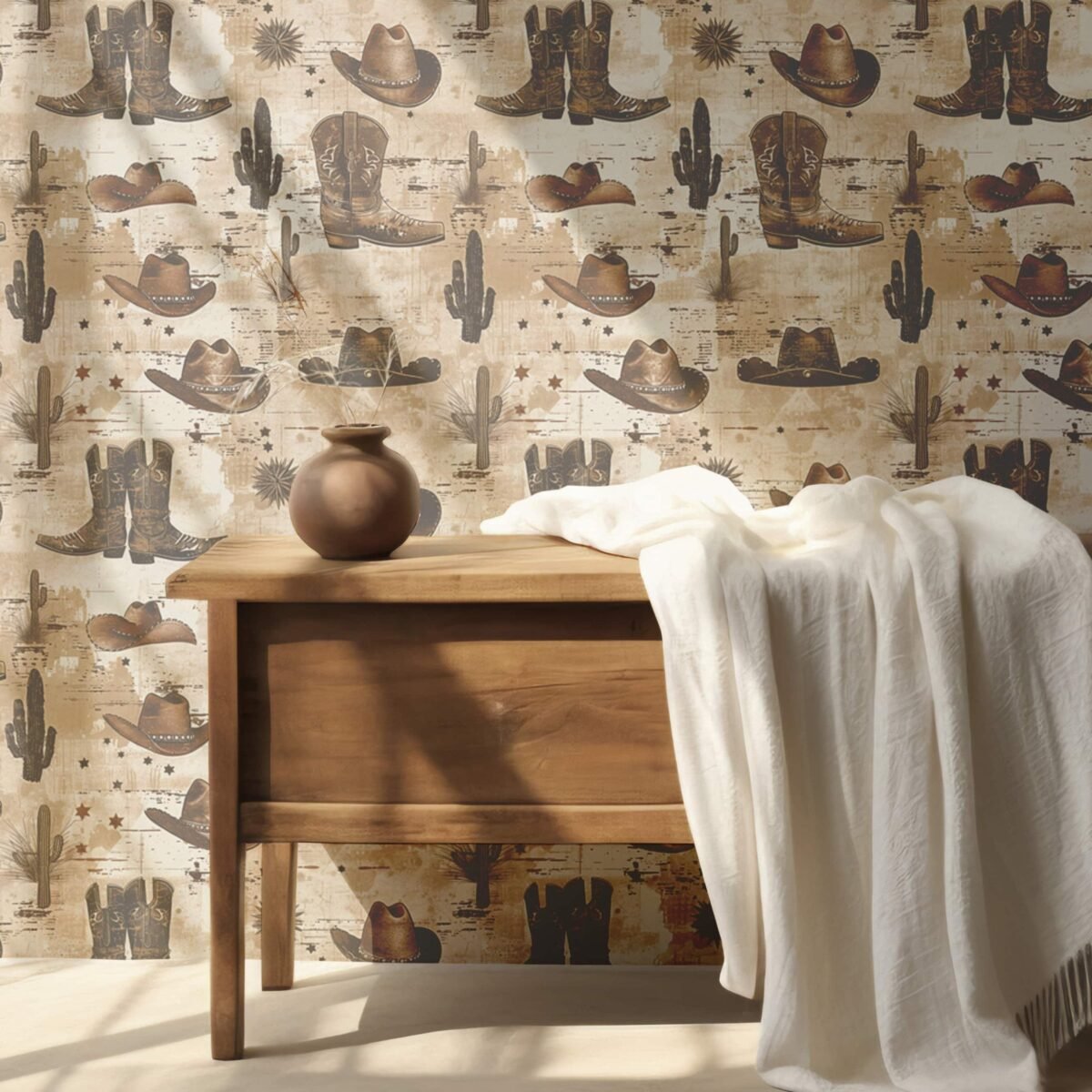 Rustic Cowboy Wallpaper - Removable Western Wallpaper with Hats, Boots & Cacti - Image 1