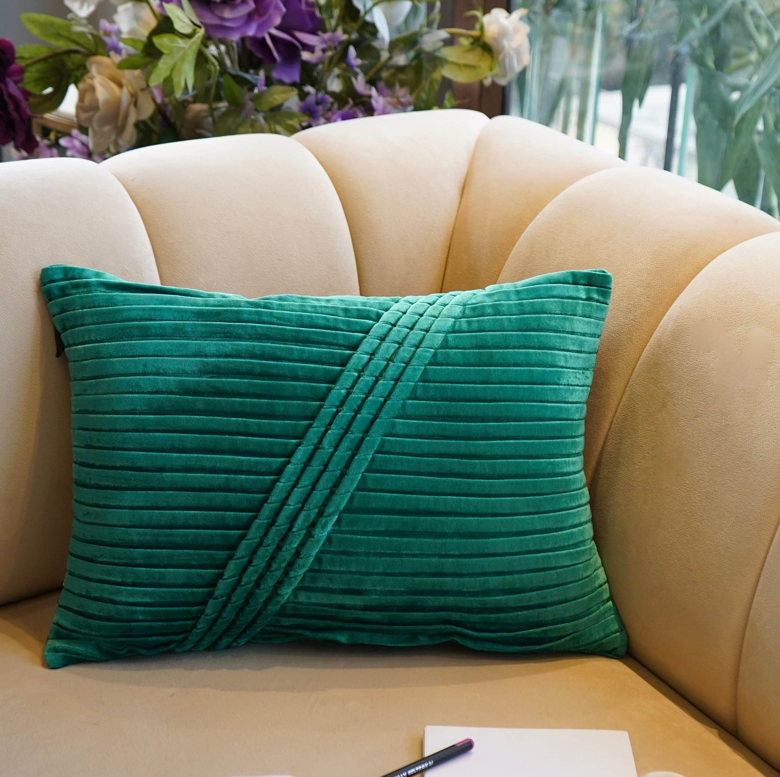 DSC01253_2 Turquoise Green Pleated Double Sided Cushion Cover 14x20inch - Image 1