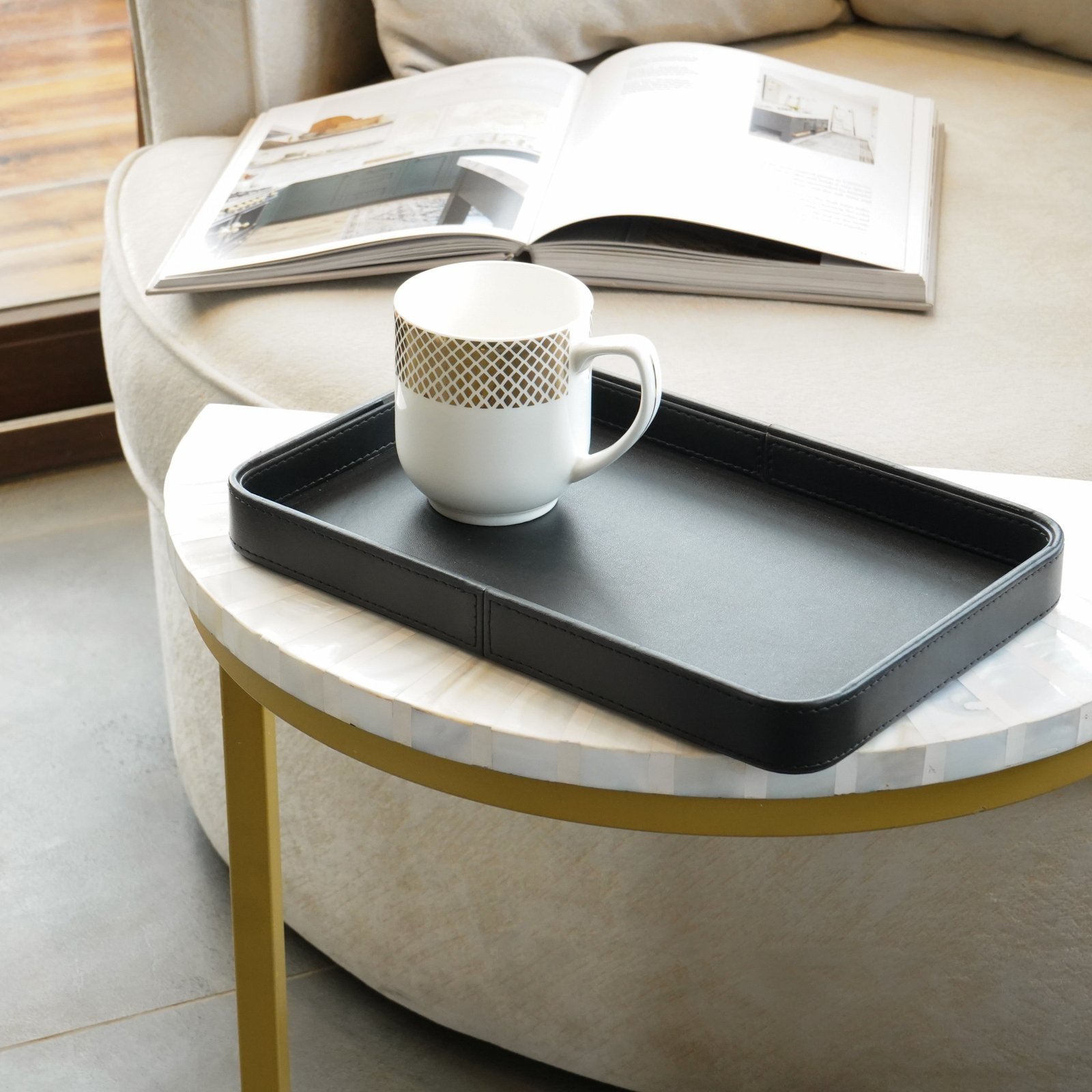 DSC02354 Faux Leather Oblong Serving Tray, Black - Image 1