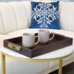 Brown Faux Leather Serving Tray with Gold Handles