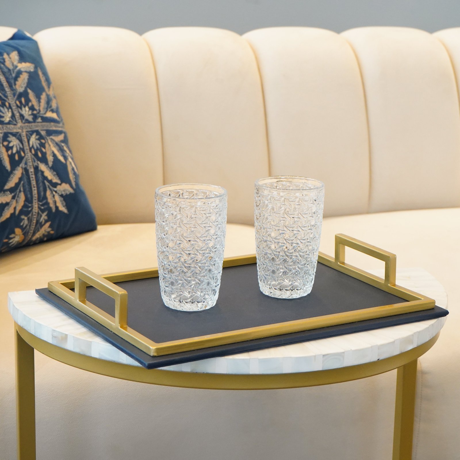 DSC02434 Blue Faux Leather Serving Tray with Golden Handles, Rectangle - Image 1