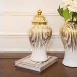 Gold and Ivory Fluted Ceramic Urn with Lid, Small - Image 2