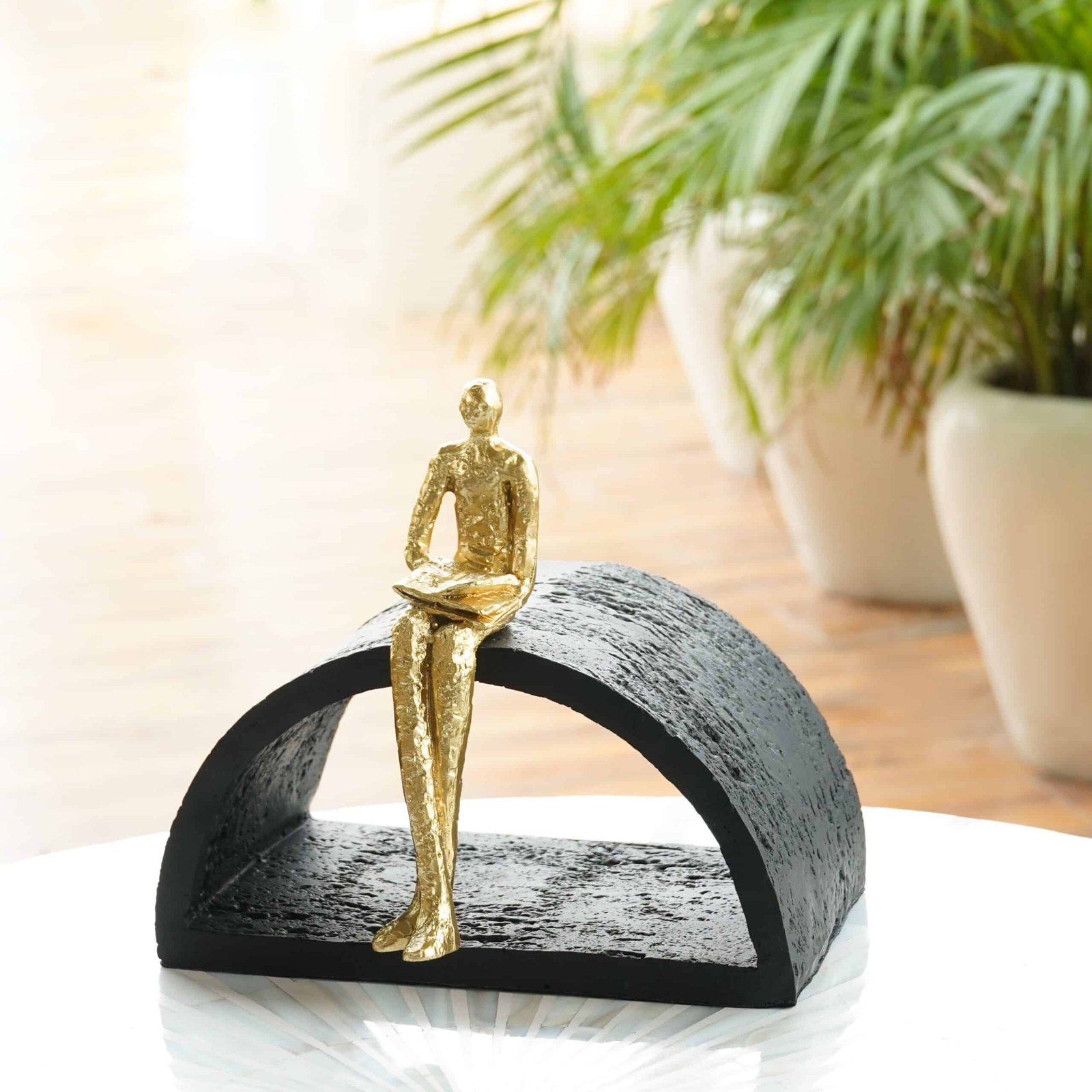 DSC04932 Black & Gold Semi-Circular Focused Sitting Figure Sculpture - Image 1
