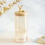 Fluted Large Glass Jar with Reindeer Airtight Lid, Tinted Gold