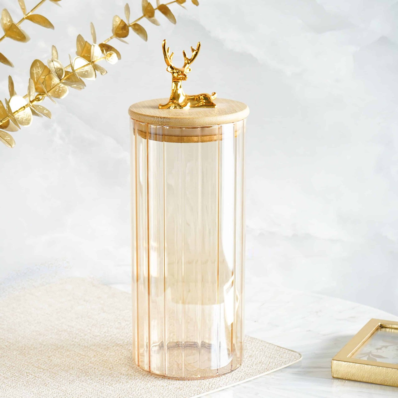 DSC04990 Fluted Large Glass Jar with Reindeer Airtight Lid, Tinted Gold - Image 1