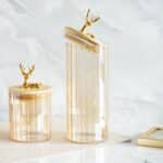 Fluted Large Glass Jar with Reindeer Airtight Lid, Tinted Gold - Image 2
