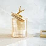 Fluted Small Glass Jar with Reindeer Airtight Lid, Tinted Gold - Image 2