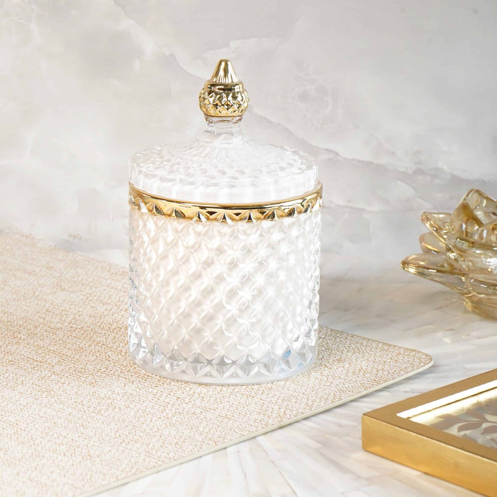 DSC05053 White & Gold Crystal Jar Scented Candle with Lid - Image 1