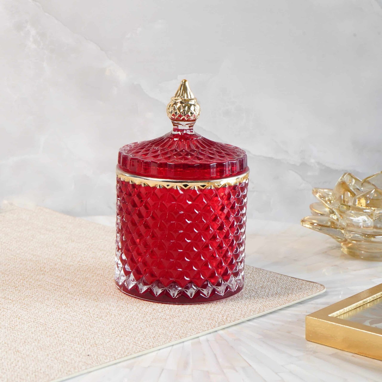 DSC05080 Red & Gold Crystal Jar Scented Candle with Lid - Image 1