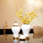 White Urn in Golden Accents with Lid, Small - Image 2