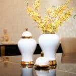 White Urn in Golden Accents with Lid, Small