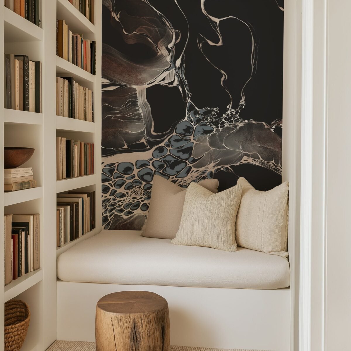 Bespoke Black Marble Wall Mural - Modern Fluid Art Wallpaper - Image 1
