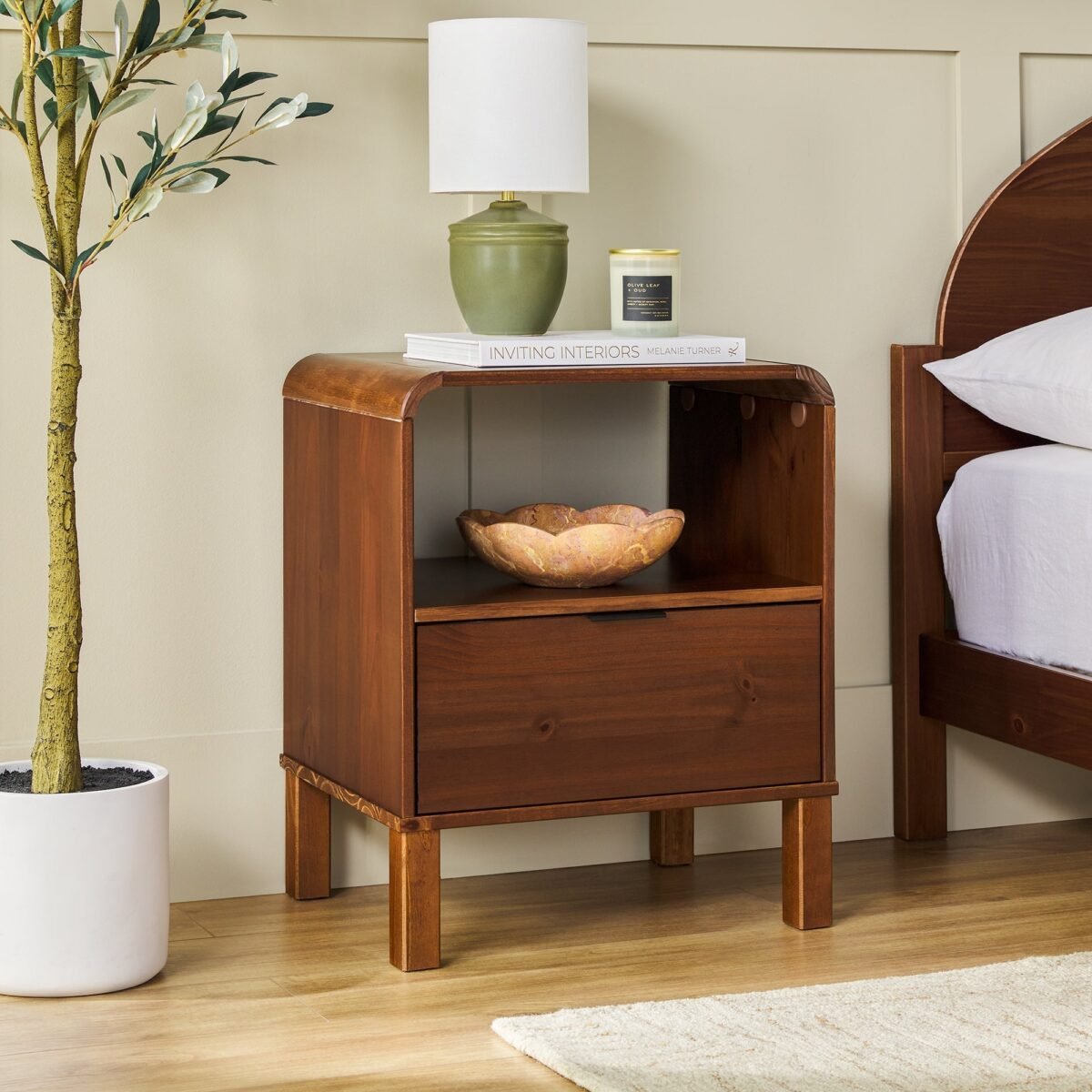 Elias Modern Curved-Frame Solid Wood Nightstand - Image 1