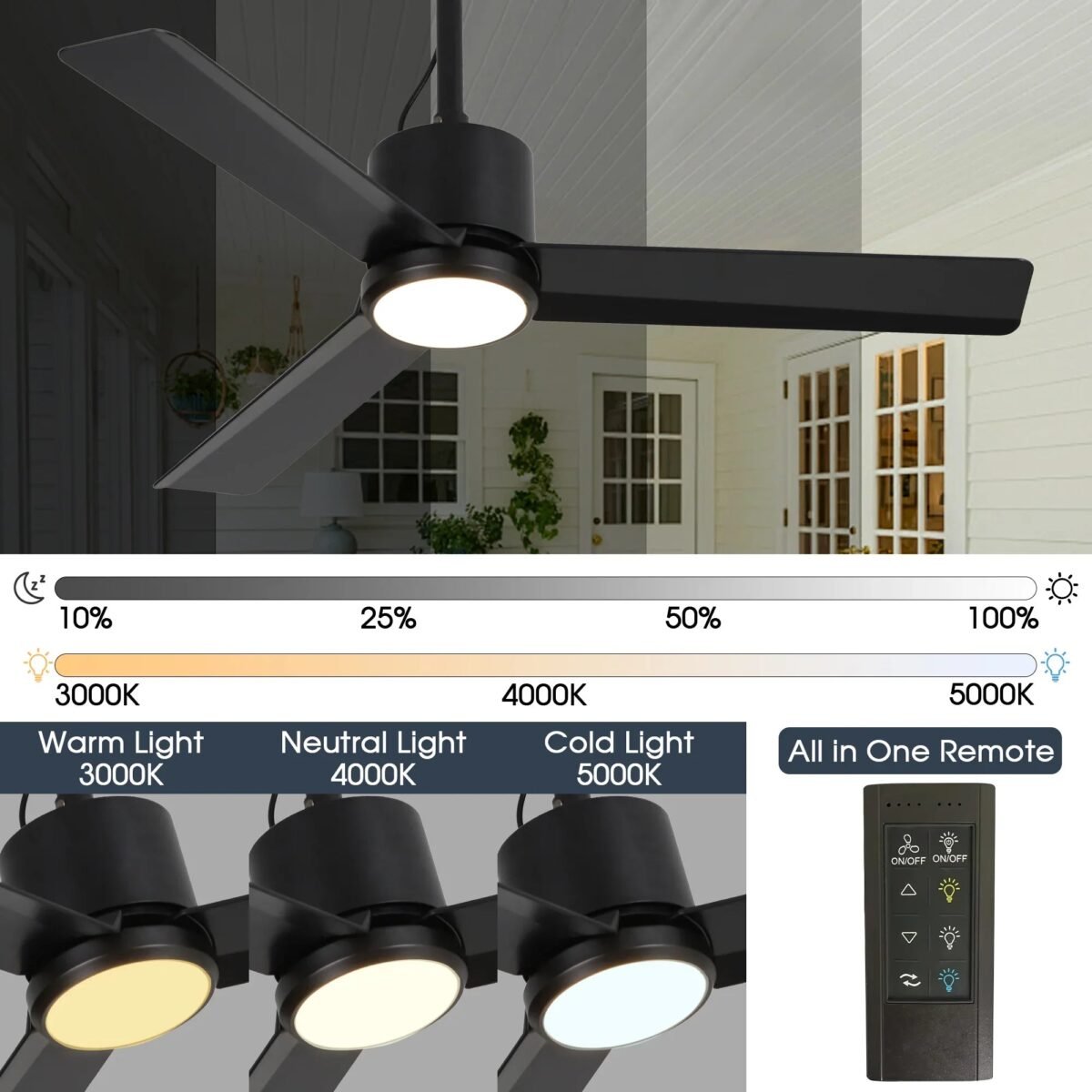 42 Inch Rhine Indoor/Wet Outdoor IP65 Black Anywhere Waterproof Ceiling Fan with LED Light and Convenient Hanging Hook - Image 8