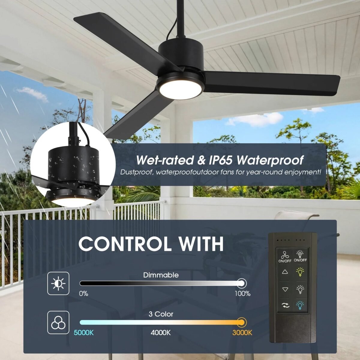 42 Inch Rhine Indoor/Wet Outdoor IP65 Black Anywhere Waterproof Ceiling Fan with LED Light and Convenient Hanging Hook - Image 6