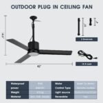 42 Inch Rhine Indoor/Wet Outdoor IP65 Black Anywhere Waterproof Ceiling Fan with LED Light and Convenient Hanging Hook - Image 4