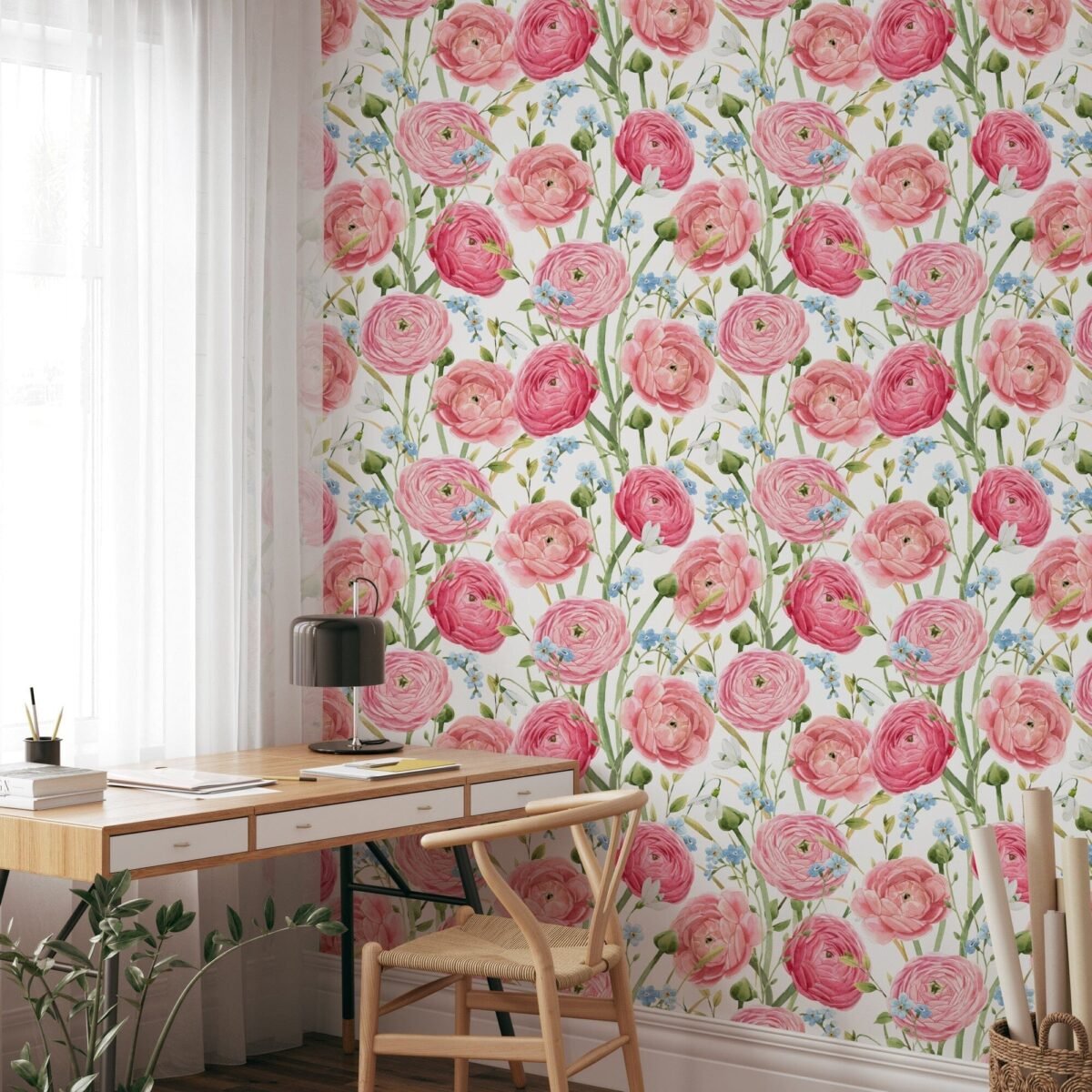 Watercolor Pink Summer Flowers Wallpaper - Image 1