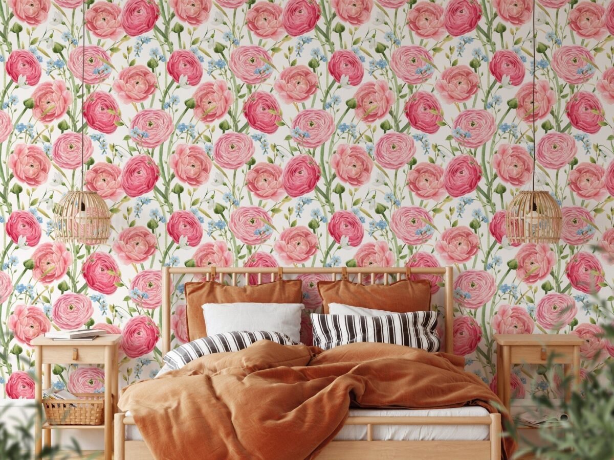 Watercolor Pink Summer Flowers Wallpaper - Image 6