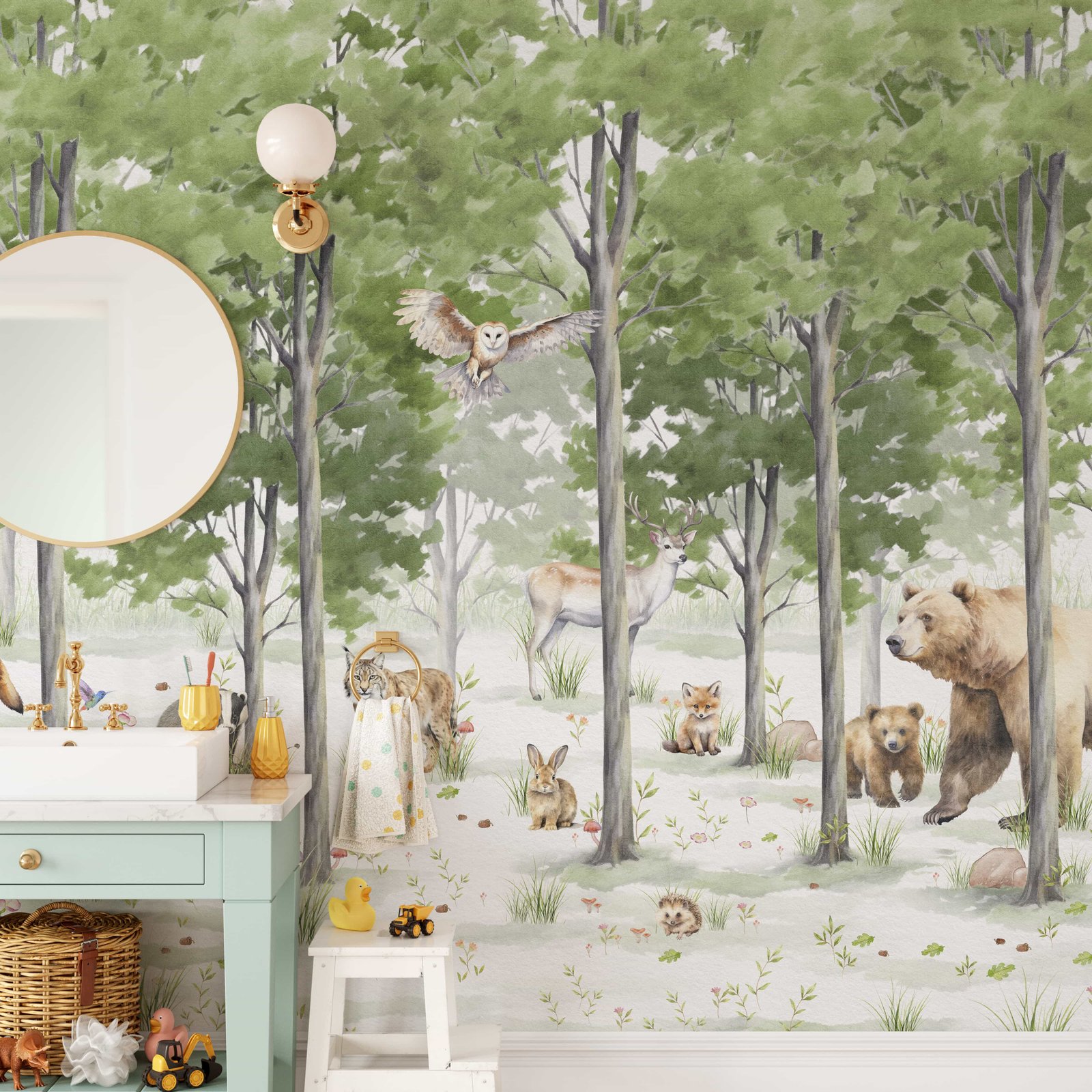 Woodland Animals Forest Wallpaper Mural - Peel and Stick Nursery Wall Decor - Image 1