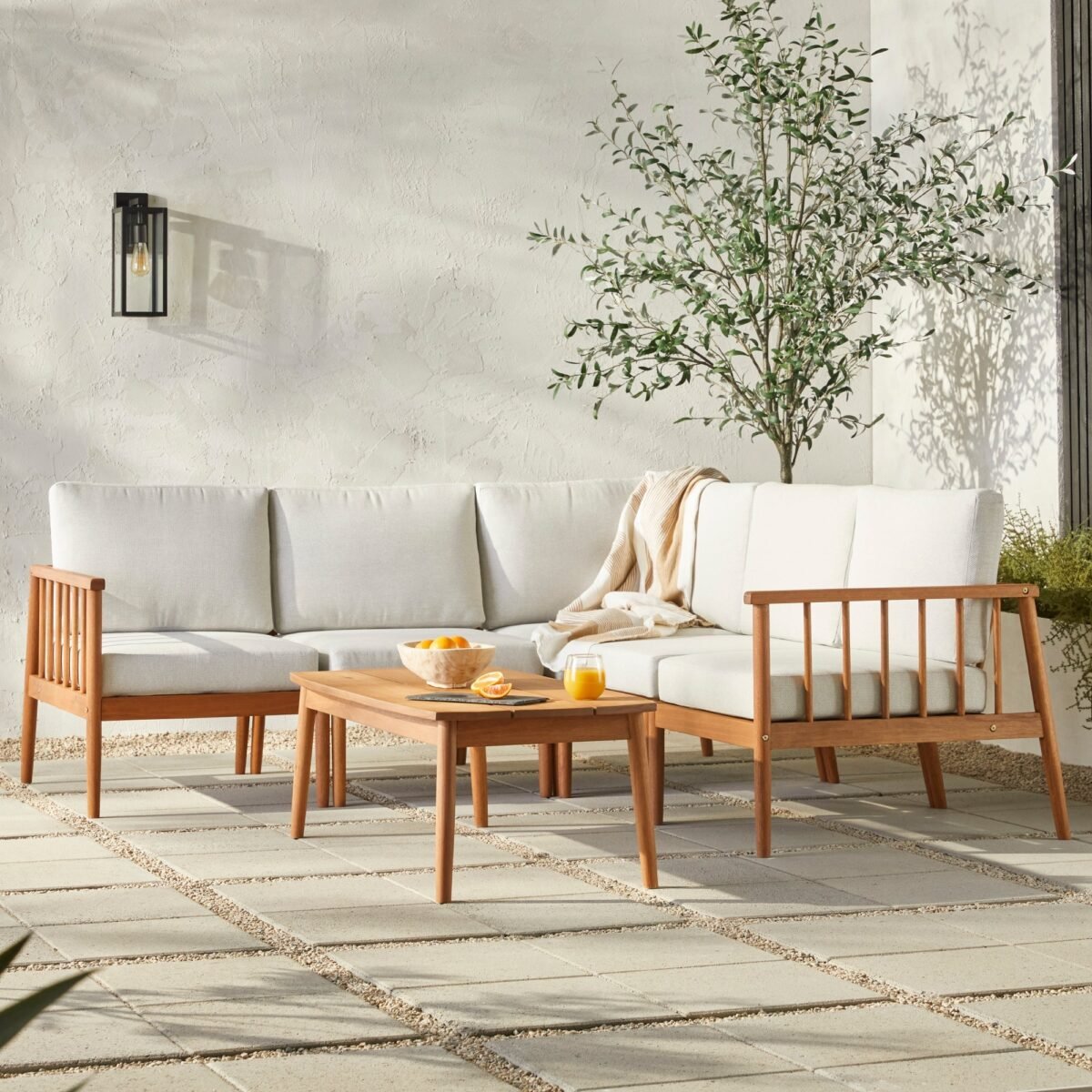 Circa Modern 6-Piece Spindle Solid Wood Outdoor Sectional and Coffee Table - Image 1