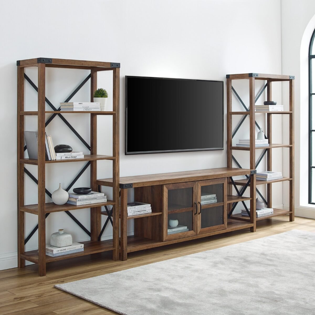 Metal X Accent Wall with 70" Glass Door TV Console - Image 1