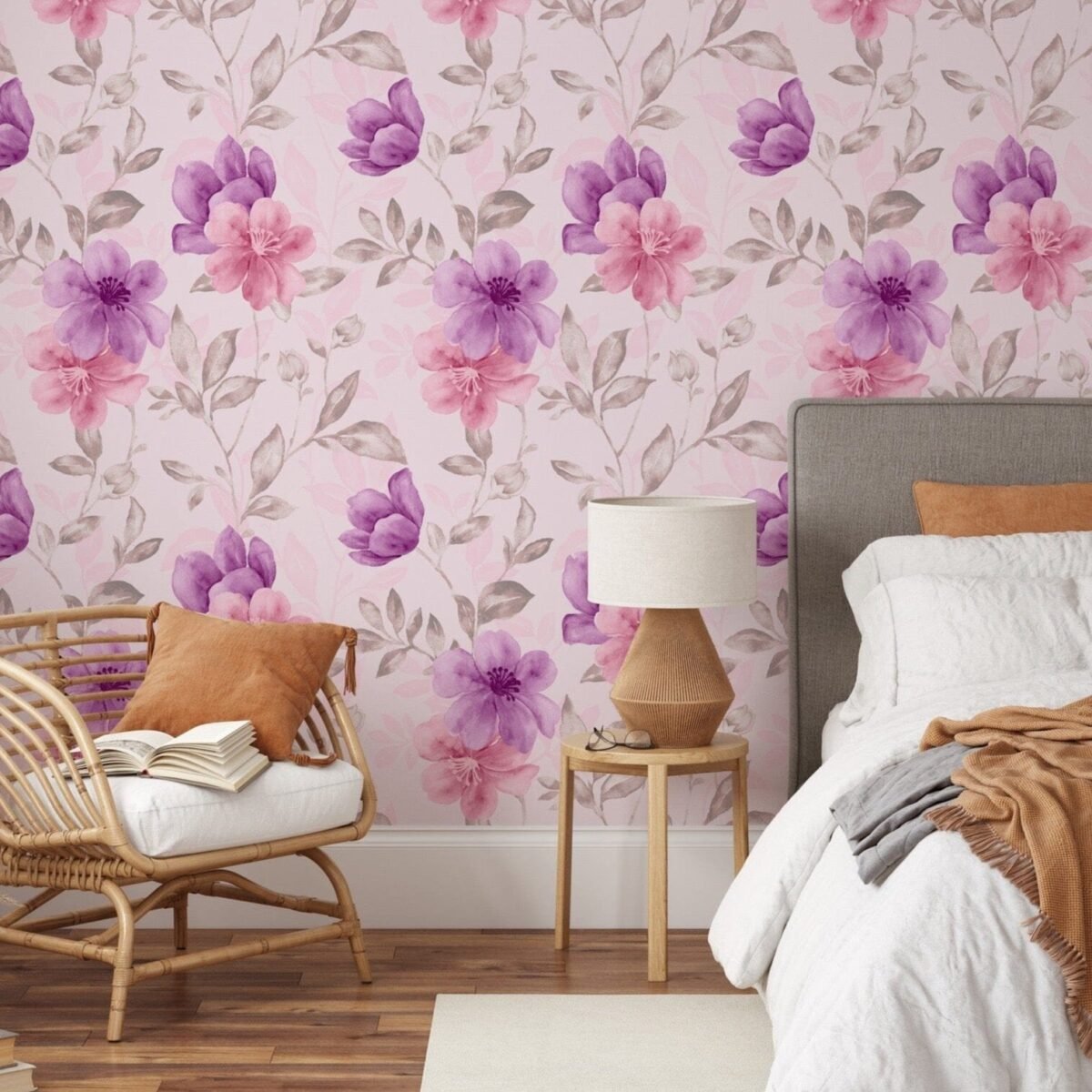 Watercolor aquarelle pink and purple floral pattern Peel and Stick Wallpaper Mural - Image 1