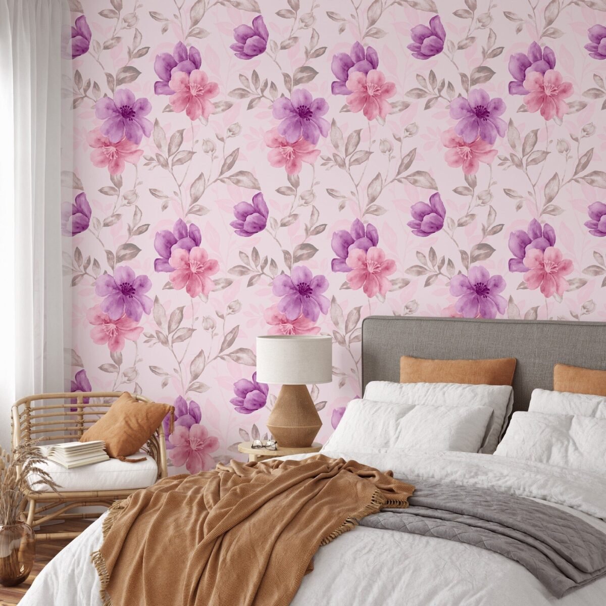 Watercolor aquarelle pink and purple floral pattern Peel and Stick Wallpaper Mural - Image 6