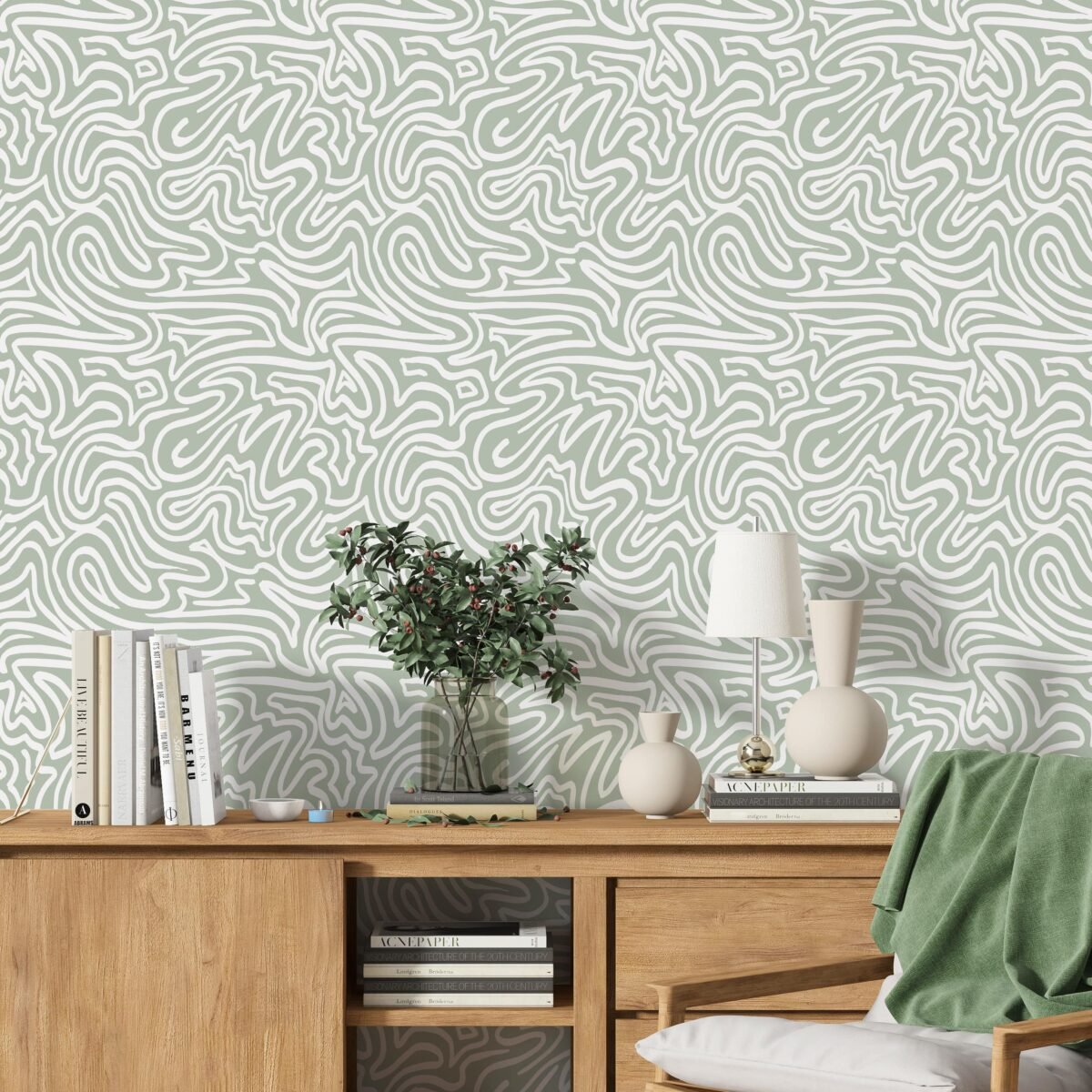 Abstract Modern Green Flow Line Wallpaper - Image 1