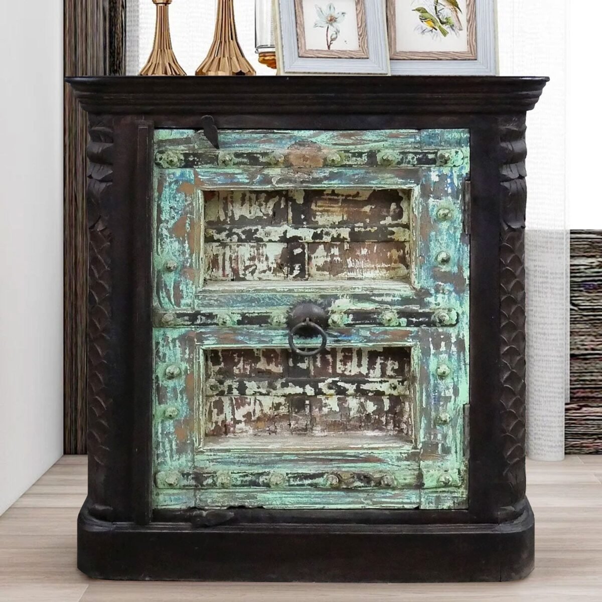 Farmhouse Style Distressed Antique Door Large Nightstand Cabinet - Image 1