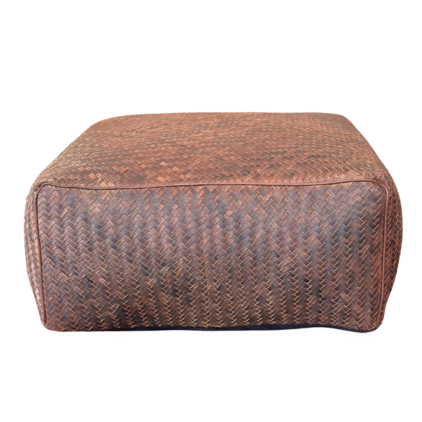 Handwoven Leather Pouf - Dark Brown