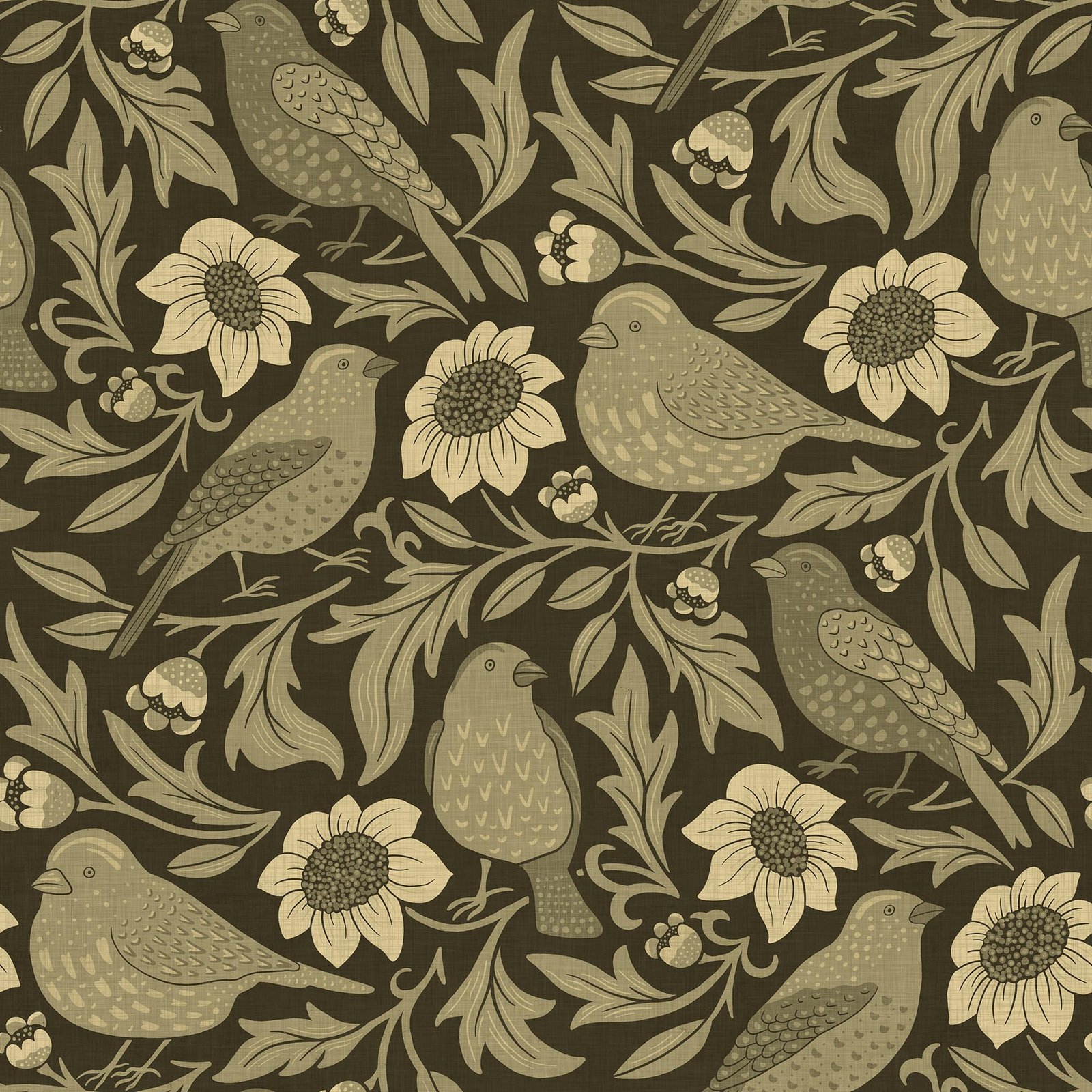 Heritage Birds & Wildflowers - Olive Green Botanical Wallpaper - Image 2