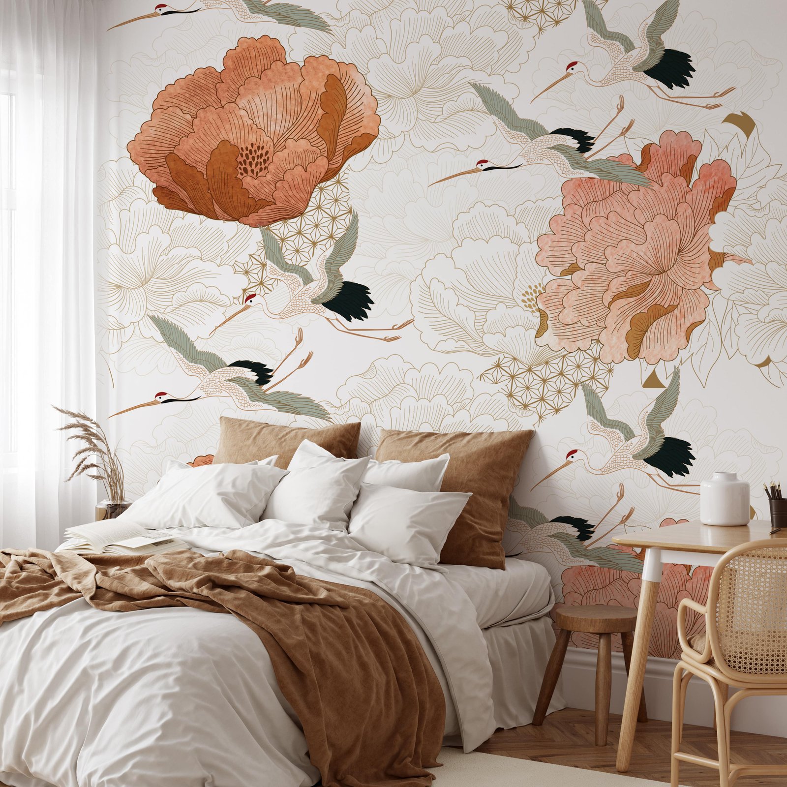 Crane Mural Wallpaper - Japanese Floral Wallpaper Mural - Vintage Peel and Stick Wallpaper - Image 1