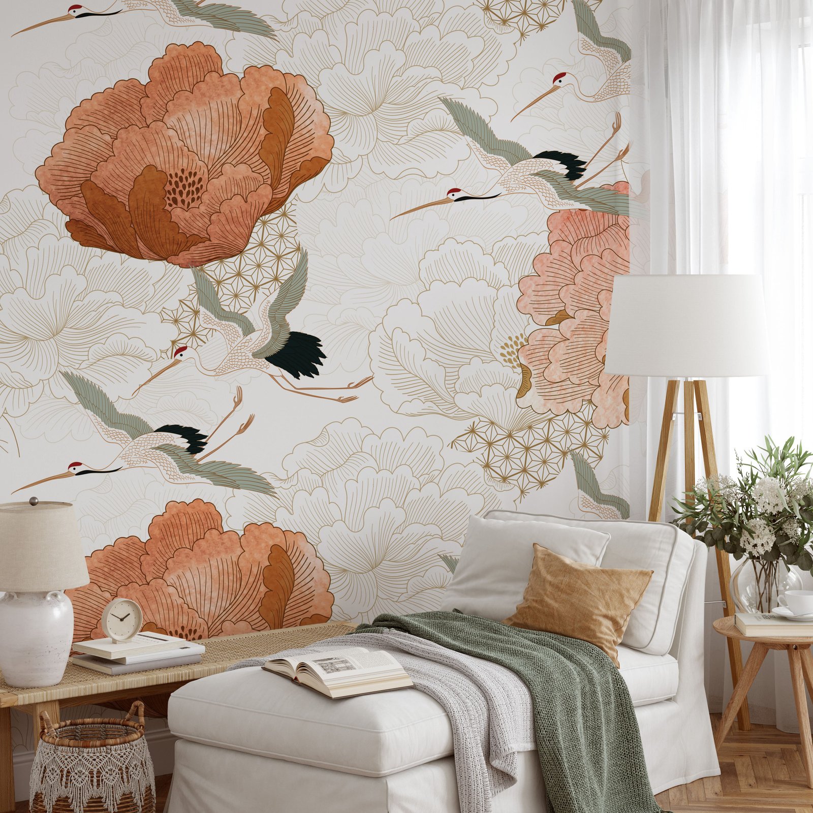 Crane Mural Wallpaper - Japanese Floral Wallpaper Mural - Vintage Peel and Stick Wallpaper - Image 2