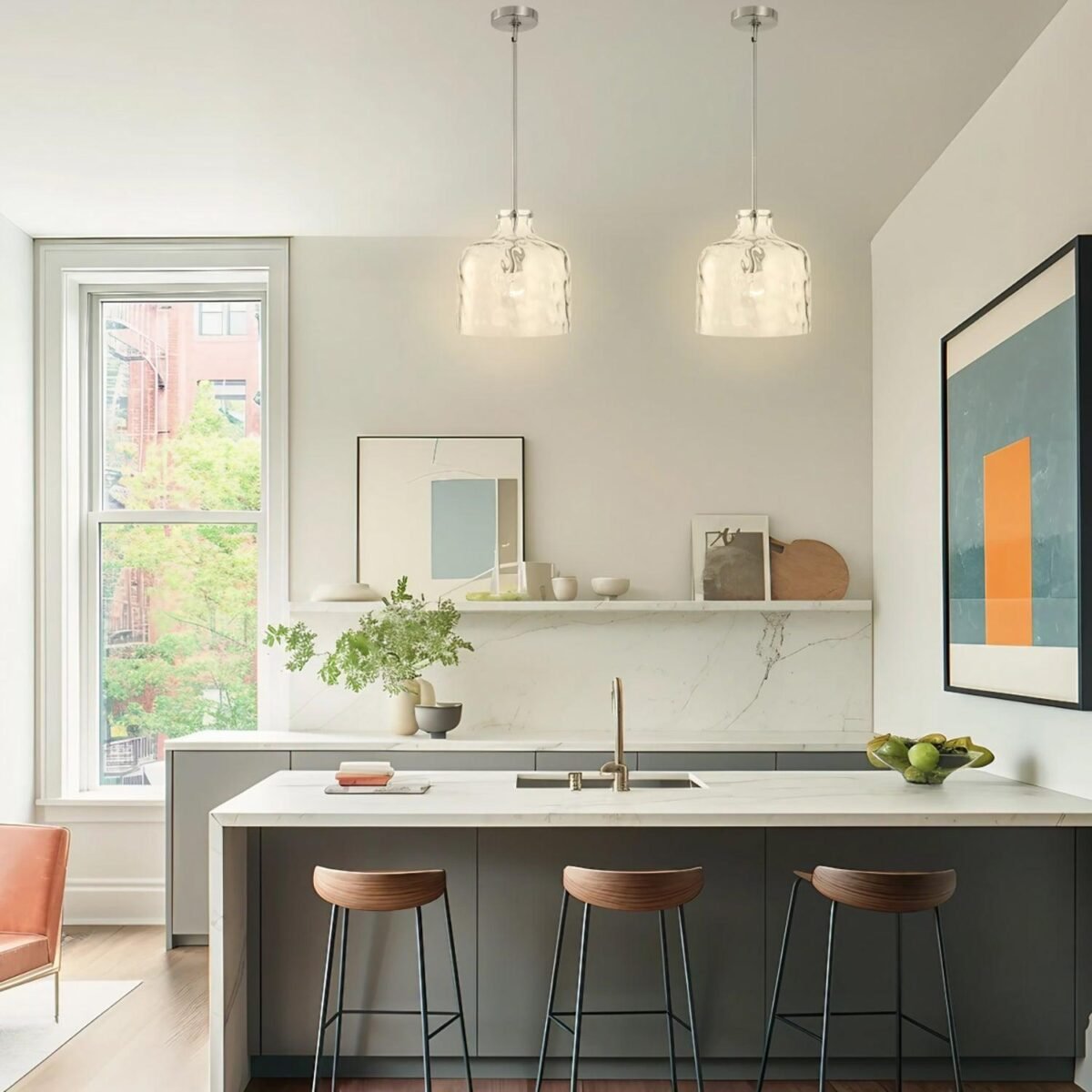 Kara Farmhouse 1-Light Textured Glass Nickel Island Pendant Light - Image 2