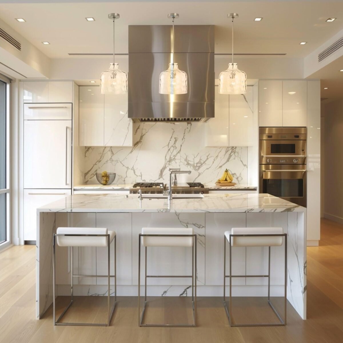 Kara Farmhouse 1-Light Textured Glass Nickel Island Pendant Light - Image 4