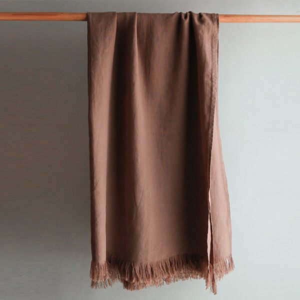 Handcrafted 100% Linen Throw Blanket in Rich Chocolate Brown with Elegant Fringe, 50" x 70"