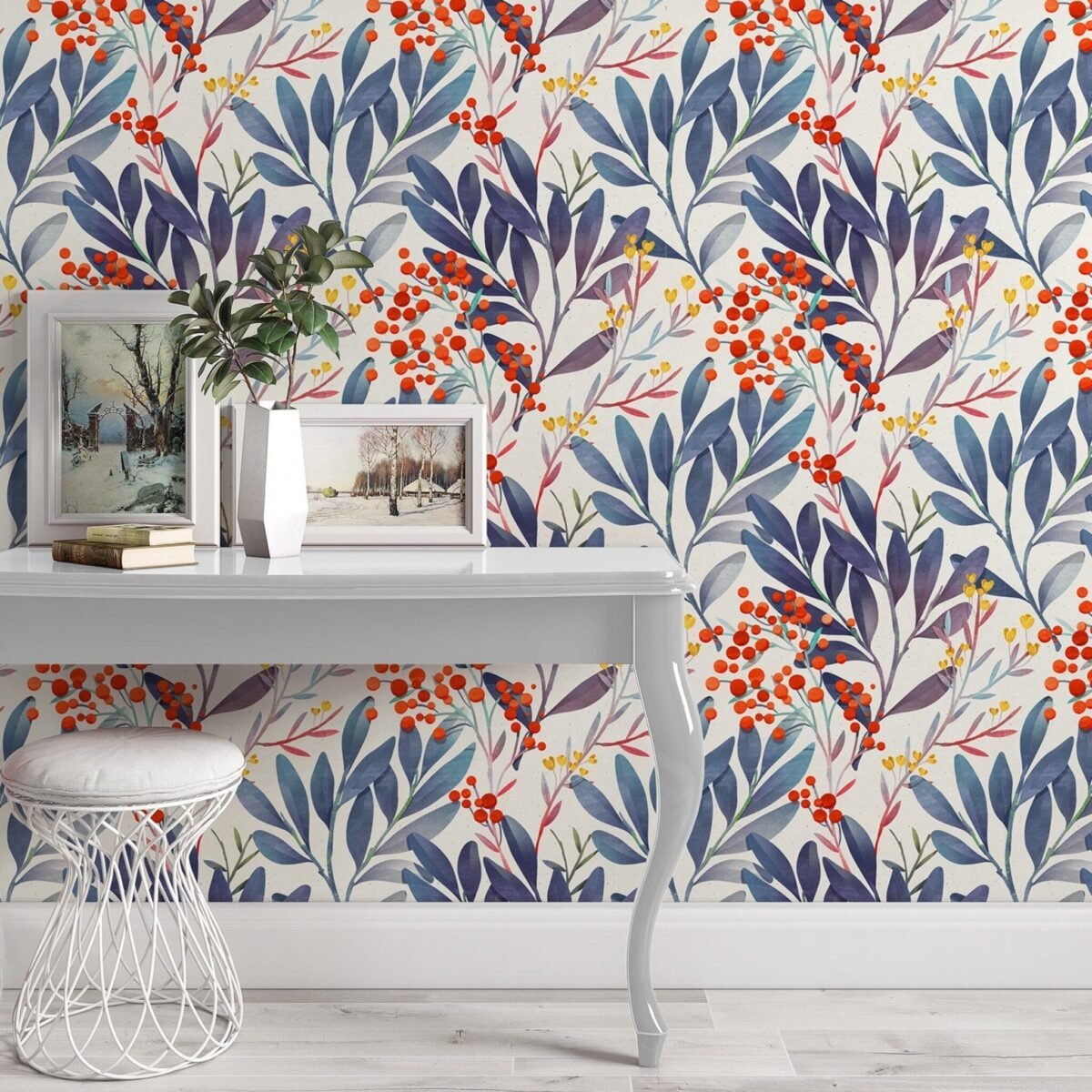 Berries and Blue Leaves Wallpaper - Image 1