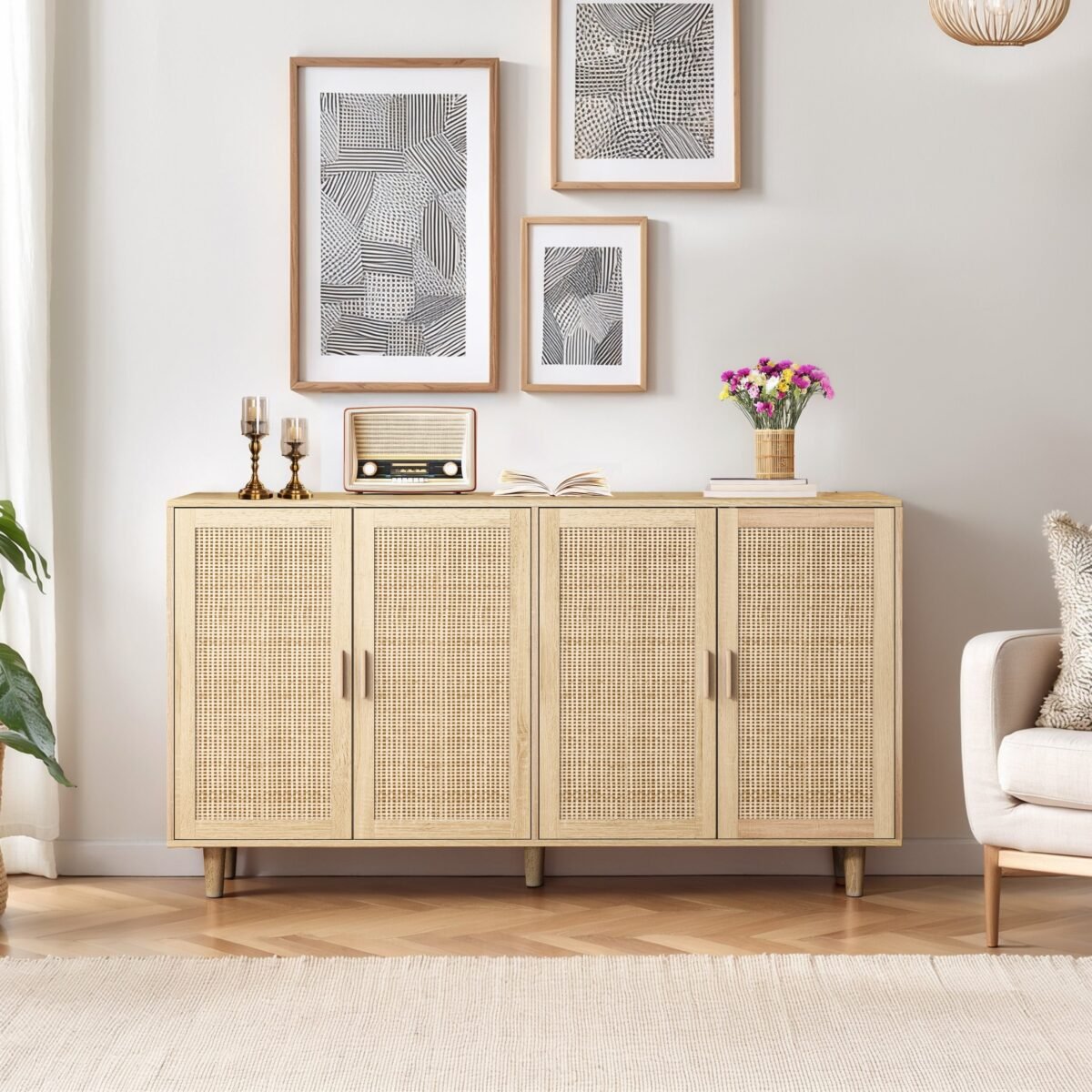 Walker Edison | Modern 4-Door Rattan Storage Sideboard TV Stand - Image 1