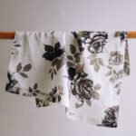 Set of 4 Handcrafted Linen Eggplant Napkins with Grey Rose Accents – Elegant Table Decor