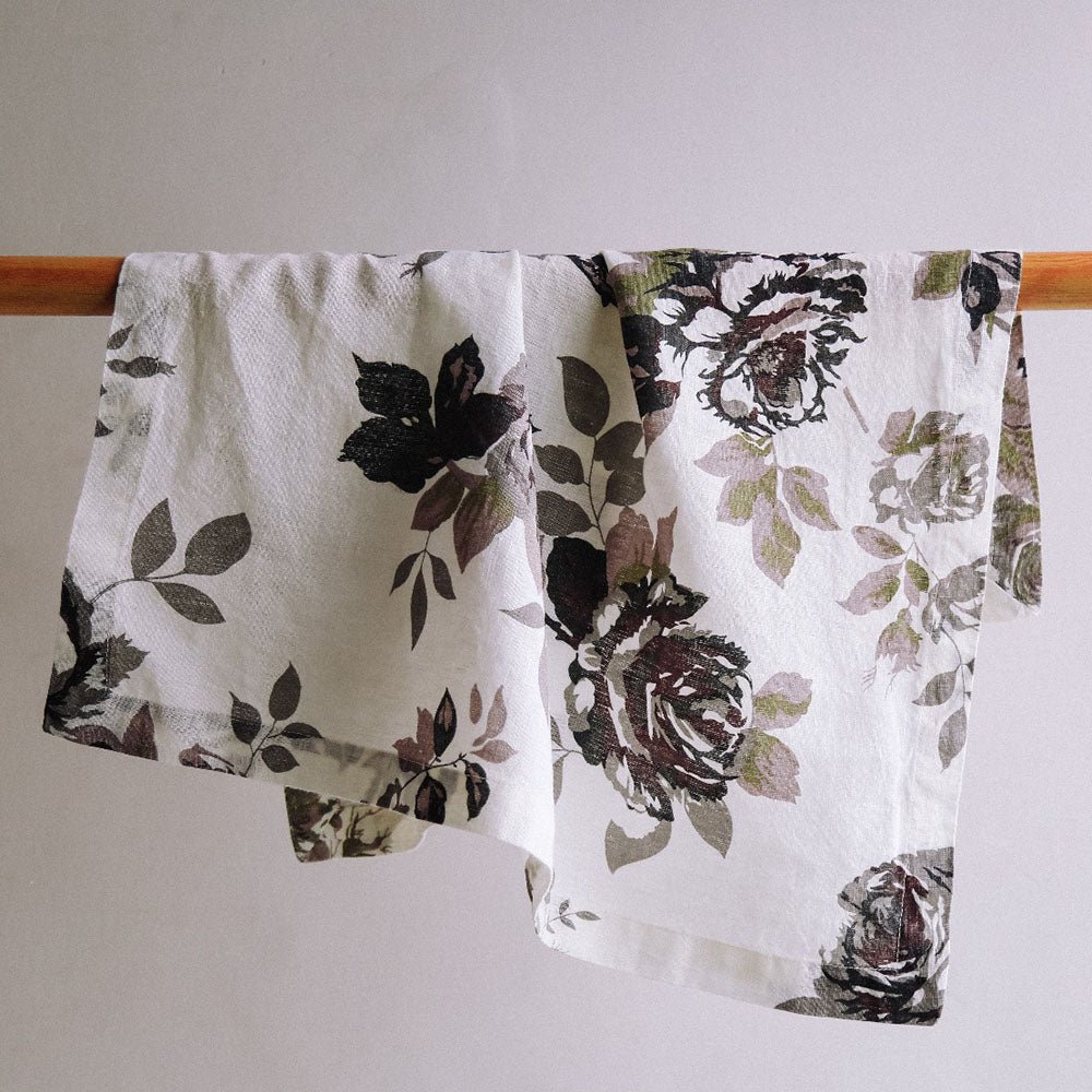 NPK-S25005-1-1 Set of 4 Handcrafted Linen Eggplant Napkins with Grey Rose Accents – Elegant Table Decor - Image 1