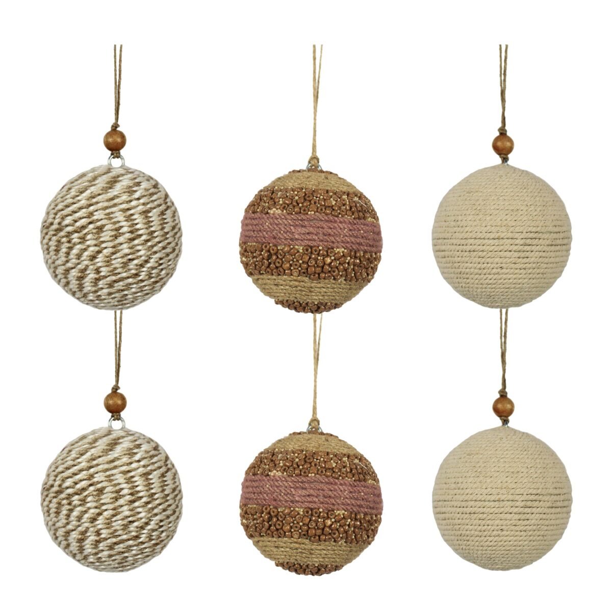 Set of 6 Handcrafted 3-Inch Natural Jute Christmas Ornaments with Wood Beads, Eco-Friendly Holiday Decor - Image 1
