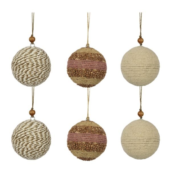Set of 6 Handcrafted 3-Inch Natural Jute Christmas Ornaments with Wood Beads, Eco-Friendly Holiday Decor