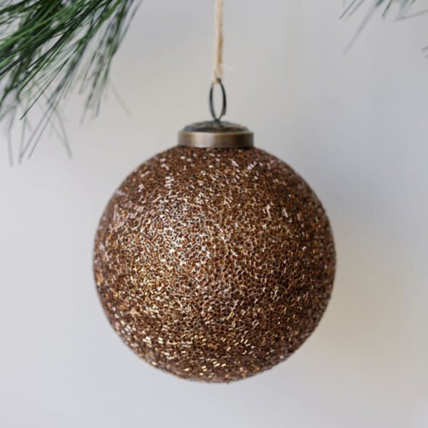 Set of 4 Handcrafted 4" Antique Bronze Beaded Glass Ornaments with Jute Hanger and Antique Topper