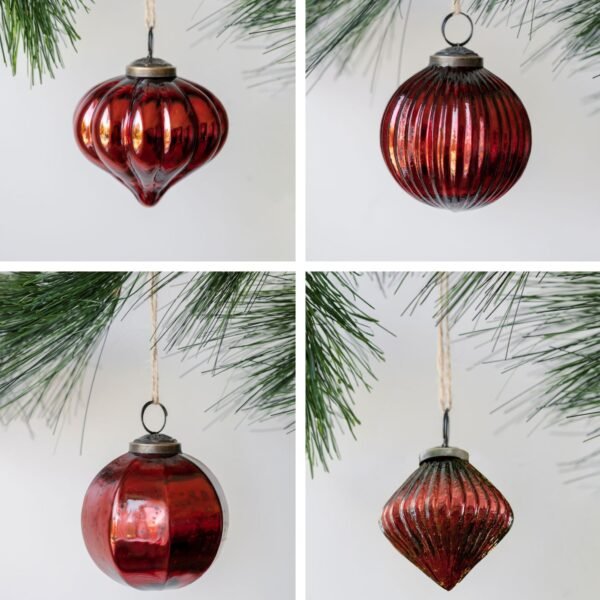 Set of 4 Handcrafted 3" Bordeaux Mouthblown Glass Ornaments with Antique Topper