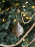 Set of 6 Hand-Carved Natural Mango Wood Ornaments with Brass Topper and Jute Hanger - Image 5