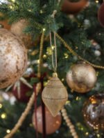 Set of 6 Hand-Carved Natural Mango Wood Ornaments with Brass Topper and Jute Hanger - Image 6