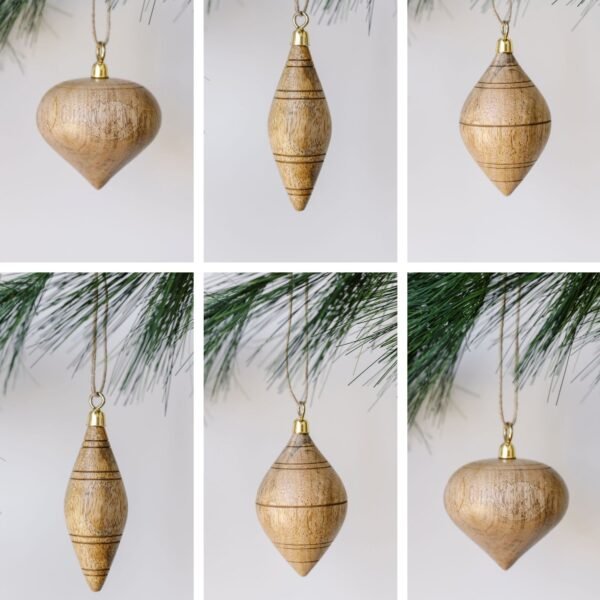 Set of 6 Hand-Carved Natural Mango Wood Ornaments with Brass Topper and Jute Hanger