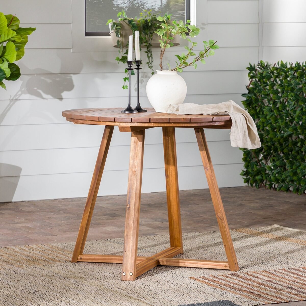 Prenton Modern Slat-Top Patio Round Dining Table - Image 6