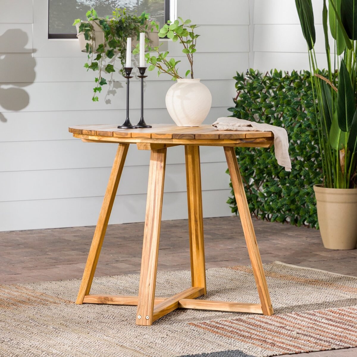 Prenton Modern Slat-Top Patio Round Dining Table - Image 1