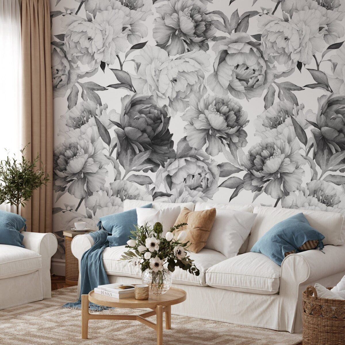 Black and White Peony Wallpaper - Image 5